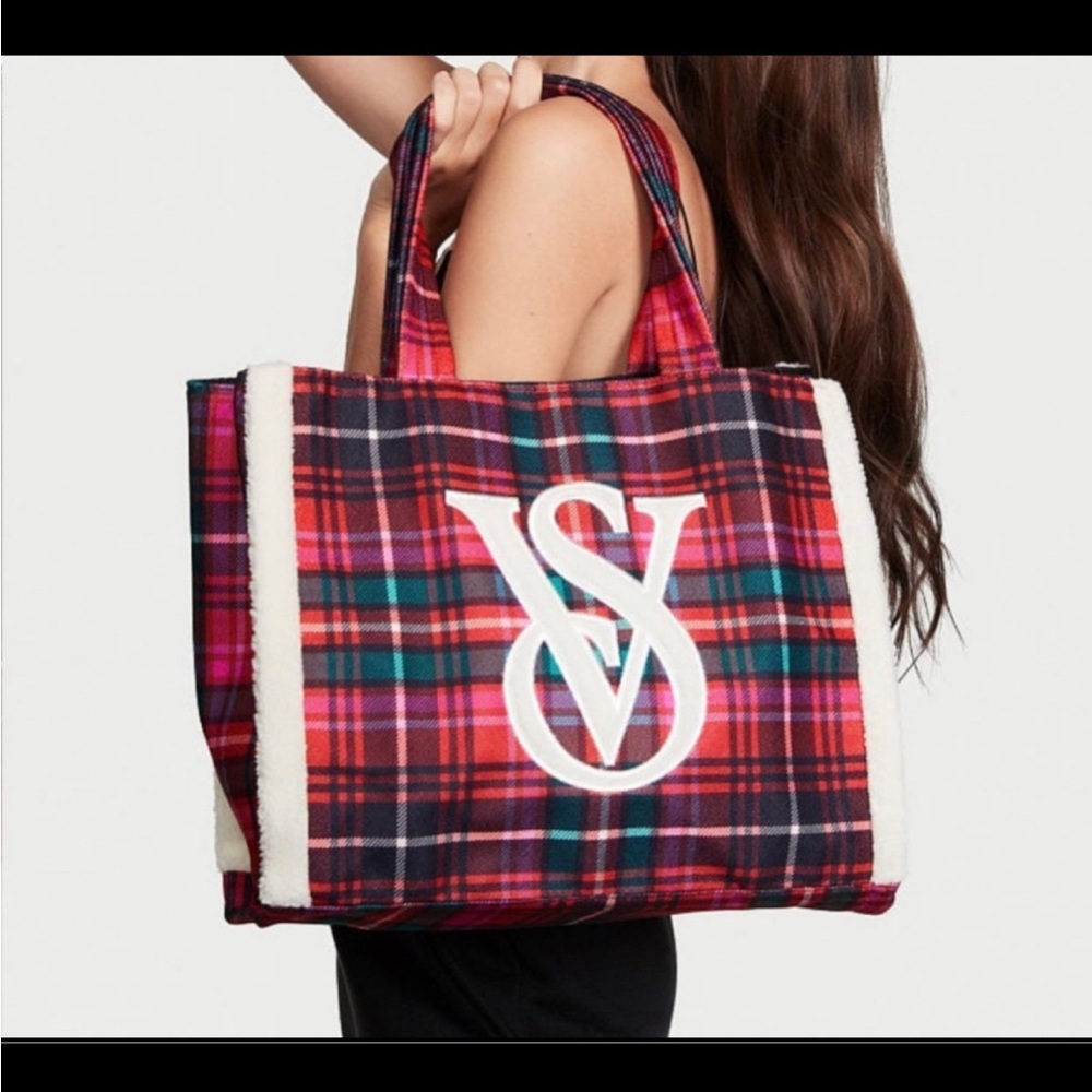 Victoria’s Secret fuzzy plaid tote new in plastic plush